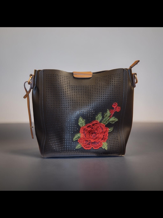 Handbags - Noatd Black Floral Embroidered Faux Leather Shoulder Bag